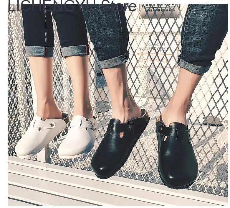 2023 New Fashion Men Beach Cork Slippers Summer Unisex Solid Color Non-slip Outside EVA Waterproof PU Leather Slide Shoe