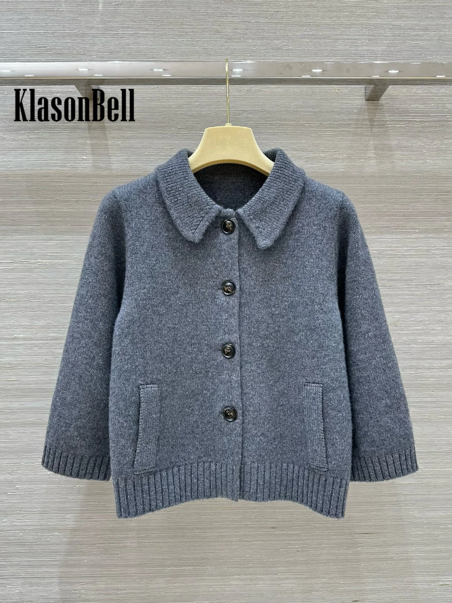 7.26 KlasonBell Runway Fashion Lapel Half Sleeve Cardigan Women 2024 New Single Breasted Wool Cashmere Knitted Short Outerwear