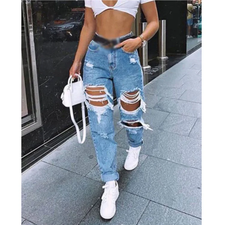 

Women's Summer Casual High-Waisted Distressed Jeans Ripped Detail and Relaxed Fit Washed Denim Fabric Streetwear