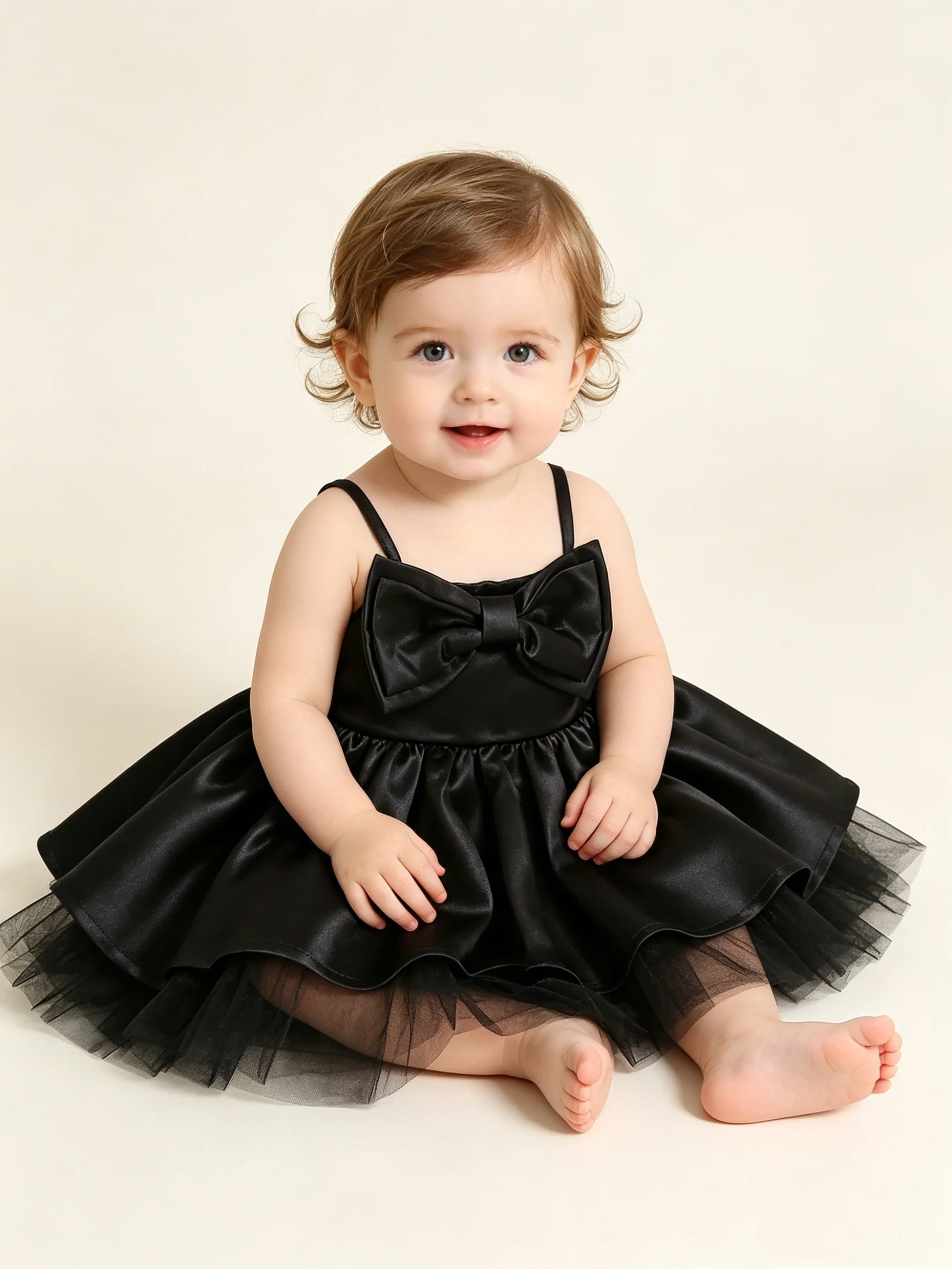 Baby Mädchen Einfarbiges Trägerkleid mit Puffärmeln Kinder Tüll Prinzessinnenkleid Einjähriges Baby Erstes Geburtstagsparty-Kleid – Detail 6