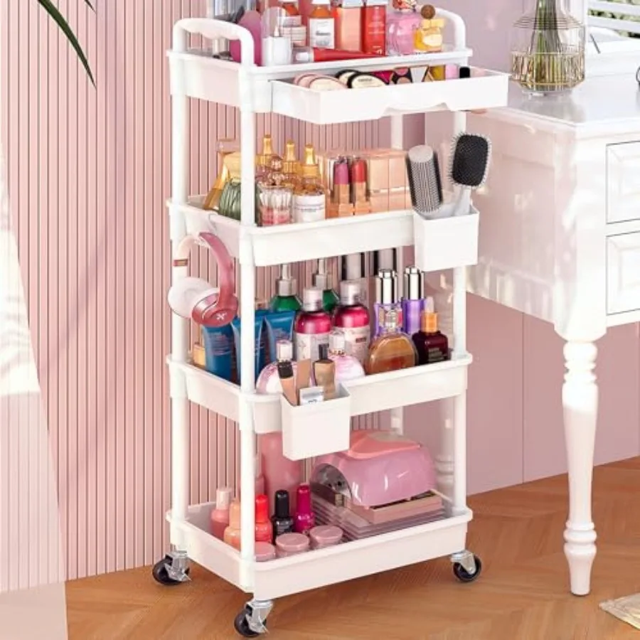 

Rolling Makeup Organizer Cart with Removable Drawer Stable Floor Skincare Storage Cart for Vanity Cosmetic Display Nail Polish