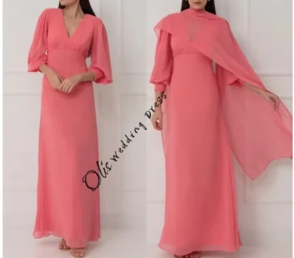 

customized Graceful V-Neck Puff Sleeves Evening Dress Delicate Ribbons Celebrity Gowns Classic Chiffon A-Line Party Dr