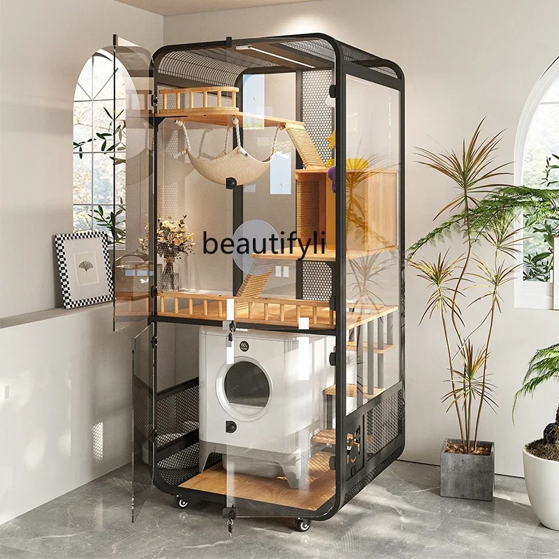 

02 Cat villa solid wood panoramic glass luxury large space cabinet cage can be placed smart toilet three floors