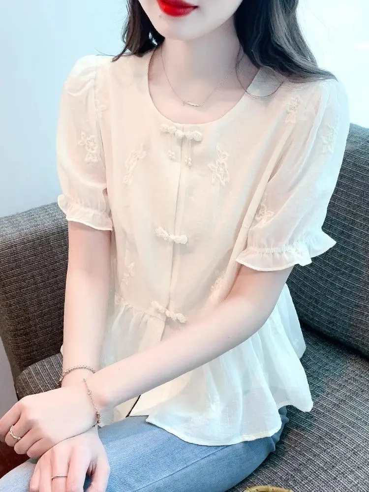 Nuova camicia in chiffon stile cinese per donna a maniche corte estiva nuova camicia con chiusura in vita