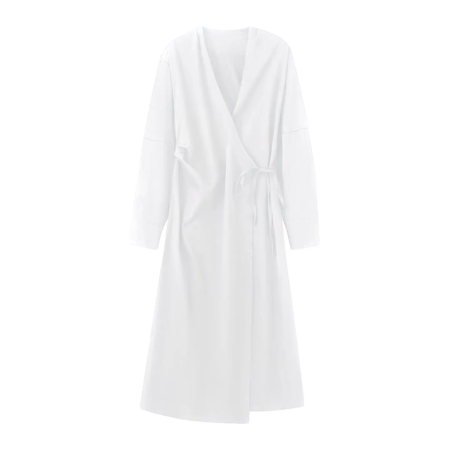 Women Autumn Long Sleeve Shirts Dress Fashion Solid Wrap Drawstring Bow V-Neck Female Elegant Street MIDI Dresses Clothing