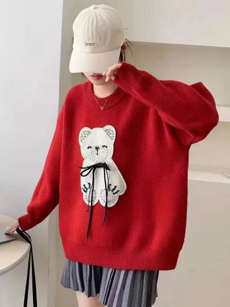 Cartoon Bear Bow Cute Knitted Sweater Women Pullover Long Sleeve O Neck High Street Korean Fashion Jumpers Autumn Winter Y2k Top