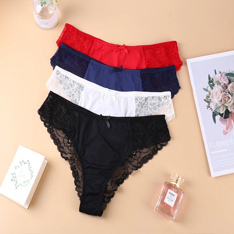 4PCS Women Fashion Sexy Panties Comfortable Briefs Exquisite Crotchless  UnderPanties Solid Lingerie Sexy Lace Hollow Out