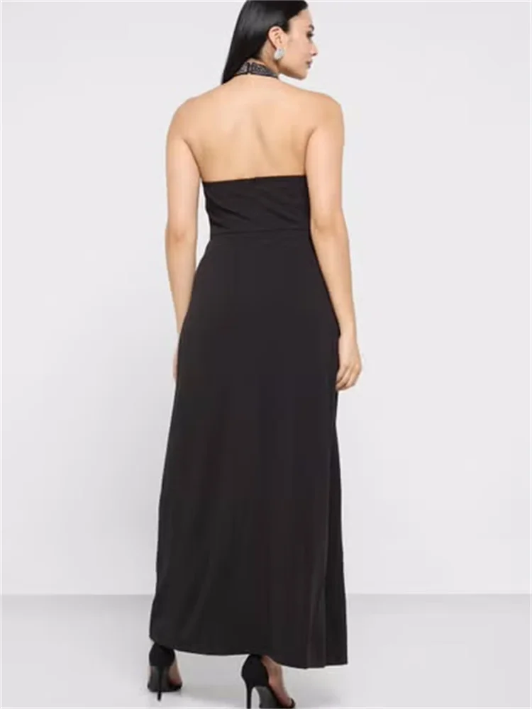 Robe de Soirée Noire à Manches sulfpour Femme, Tenue Formelle, Fente Latérale, Col Haut, Bal, Cocktail