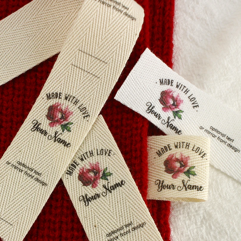 Sew Twill Labels, Folding Tags, Logo Labels, Sew Accessori, Ribbon Label, Custom Fabric Tags, Labels for Clothes, Flower(xw3527)