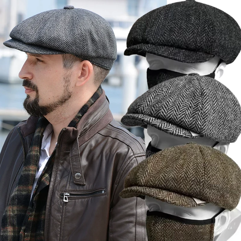 Winter Retro Newsboy Caps Men Warmer Octagonal Hats British Painters Hats Berets Herringbone Flat Caps Hip Hop Berets gorras