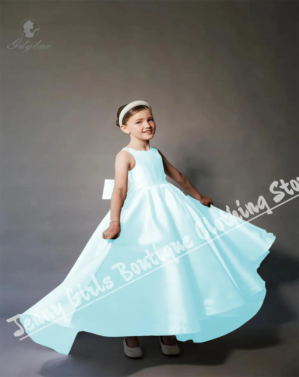

Customize Sky Blue Wedding Bow Elegance Flower Girl Dress Backless Back Kids Birthday Party First Communion Dress With Train