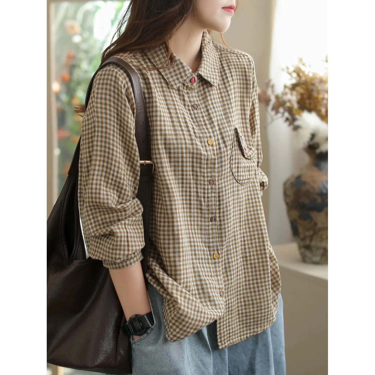

Slimming Plaid Cotton Shirt Women's Loose Fit Double Layer Korean Style Vintage Versatile Simple Design Spring Autumn New Arr...