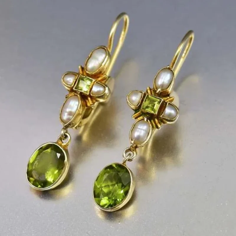 ORZTOON 2024 New Vintage Geometry Green Color Crystal Inlaid Pearl Earrings Creative For Women Exquisite Birthday Party Jewelry