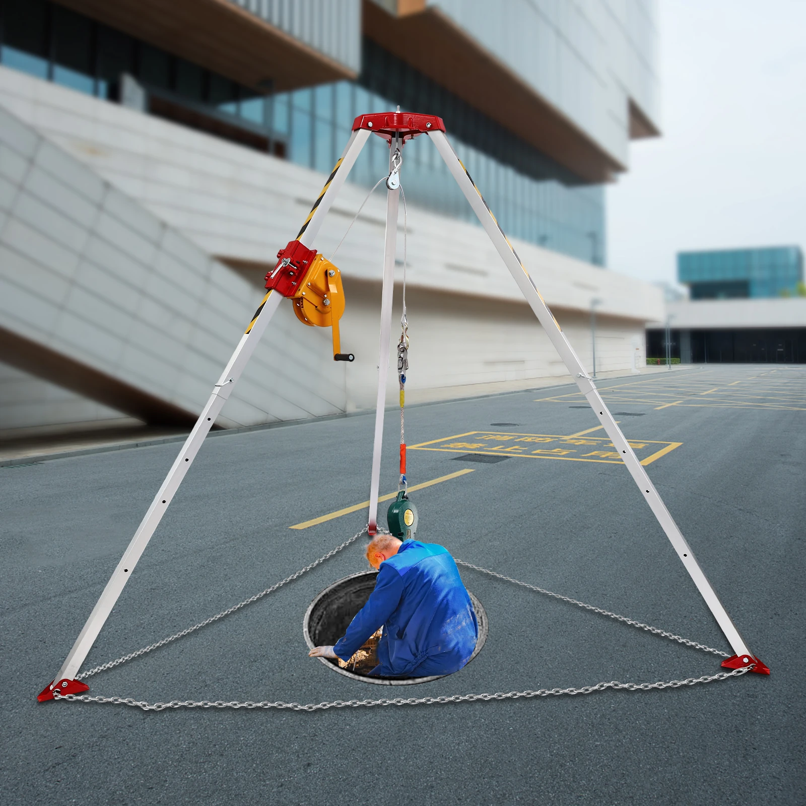Confined Space Rescue Tripod Kit 1800LBS Winch 1.6m-2.45m, Adjustable Height Aluminum Alloy Rescue Tripod, with Fall Arrester for Well Manhole Fire Construction Rescue