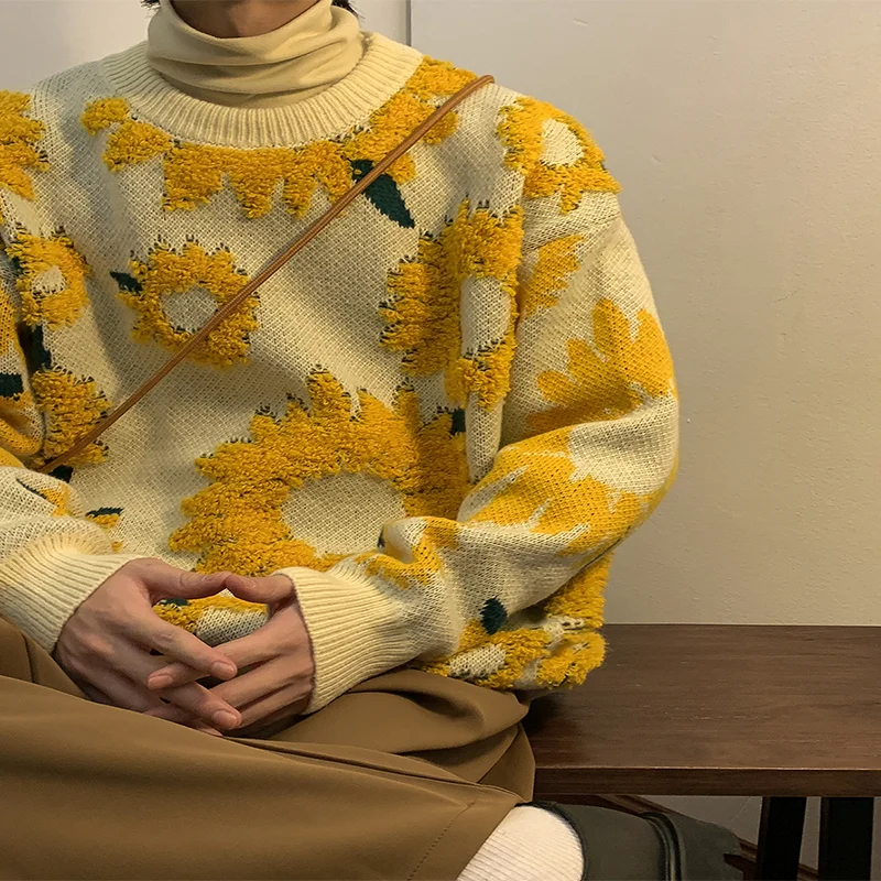 Suéter Jacquard de manga larga para parejas, jersey de cuello redondo, versátil, cálido, de girasol, invierno, nuevo estilo, 2022