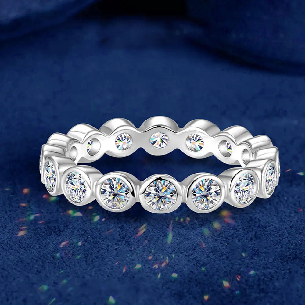 KANOLAN D VVS1 2/3mm Moissanite Eternity Band Ring S925 Sterling Silver 14K Gold Plated Bezel Wedding Stackable Ring For Women