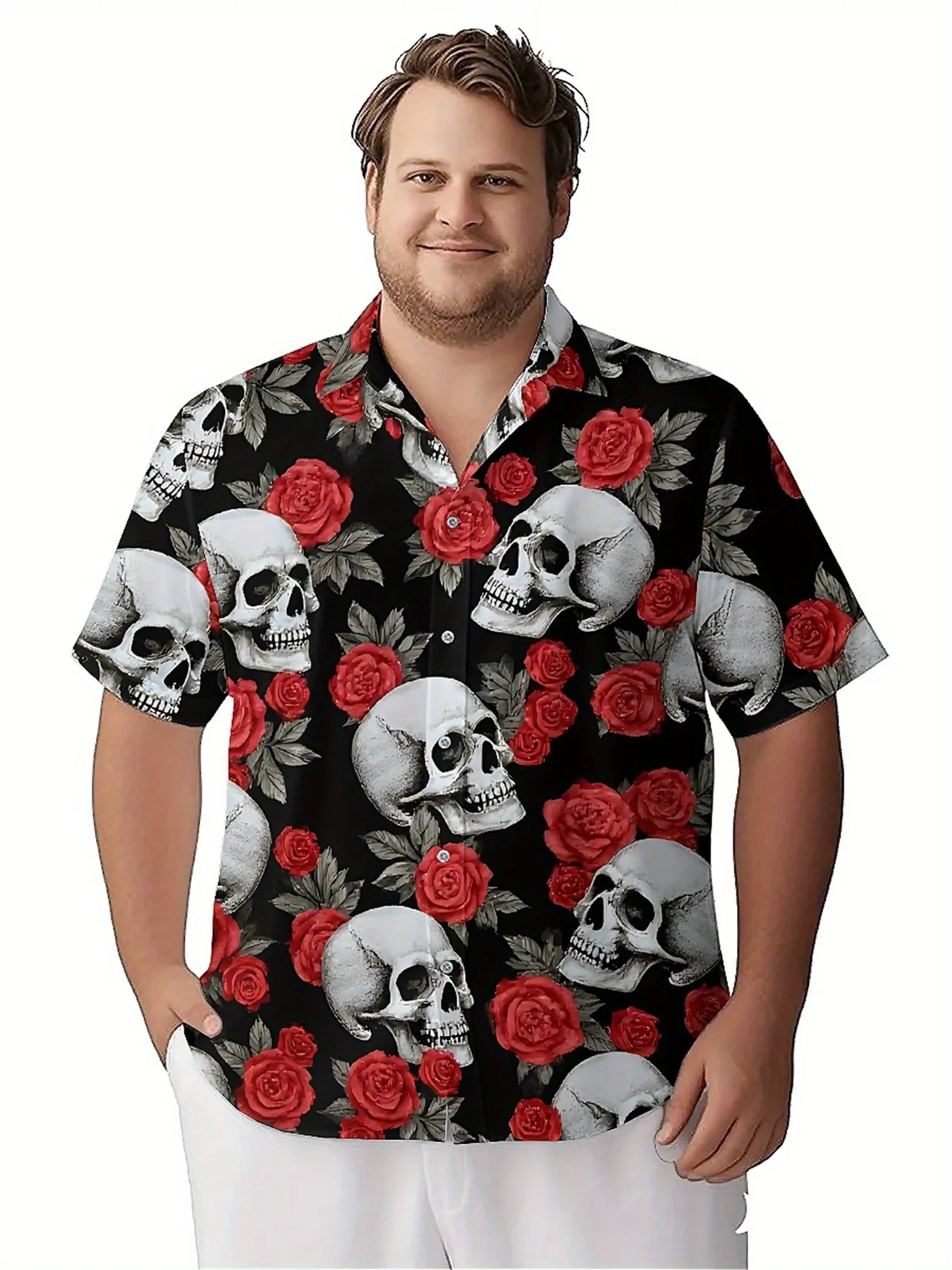 Men's Plus Size Hawaiian Shirts Skull Roses Pattern, Summer Casual Tops, Outdoor and Party, Streetwear