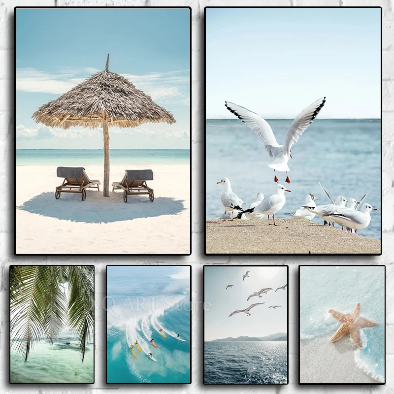 1pc frameless Nordic Beach Sea Ocean Canvas Wall Art Poster Bridge Leaves Turtle Seagull Print  Vibrant Summer Picture  ation