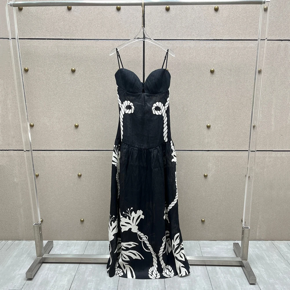 

Fashion Printed Linen Women's Dress Y2k Sexy Backless Shell Pleated Elegant Commuter Long Halter 2025 Summer New