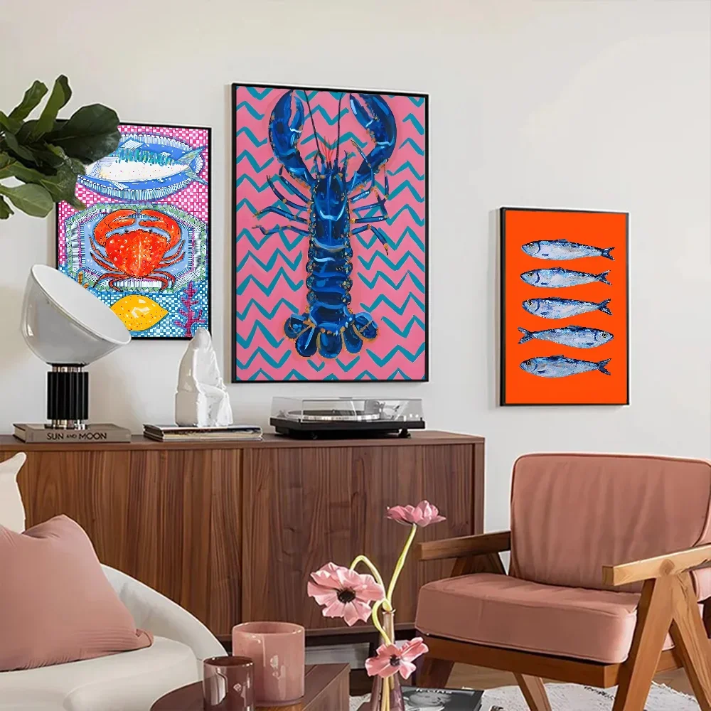 Colorful Sardine Lobster Fish Ocean Animal  Self-adhesive Art Poster Retro Kraft Paper Sticker DIY Room Bar Cafe Stickers