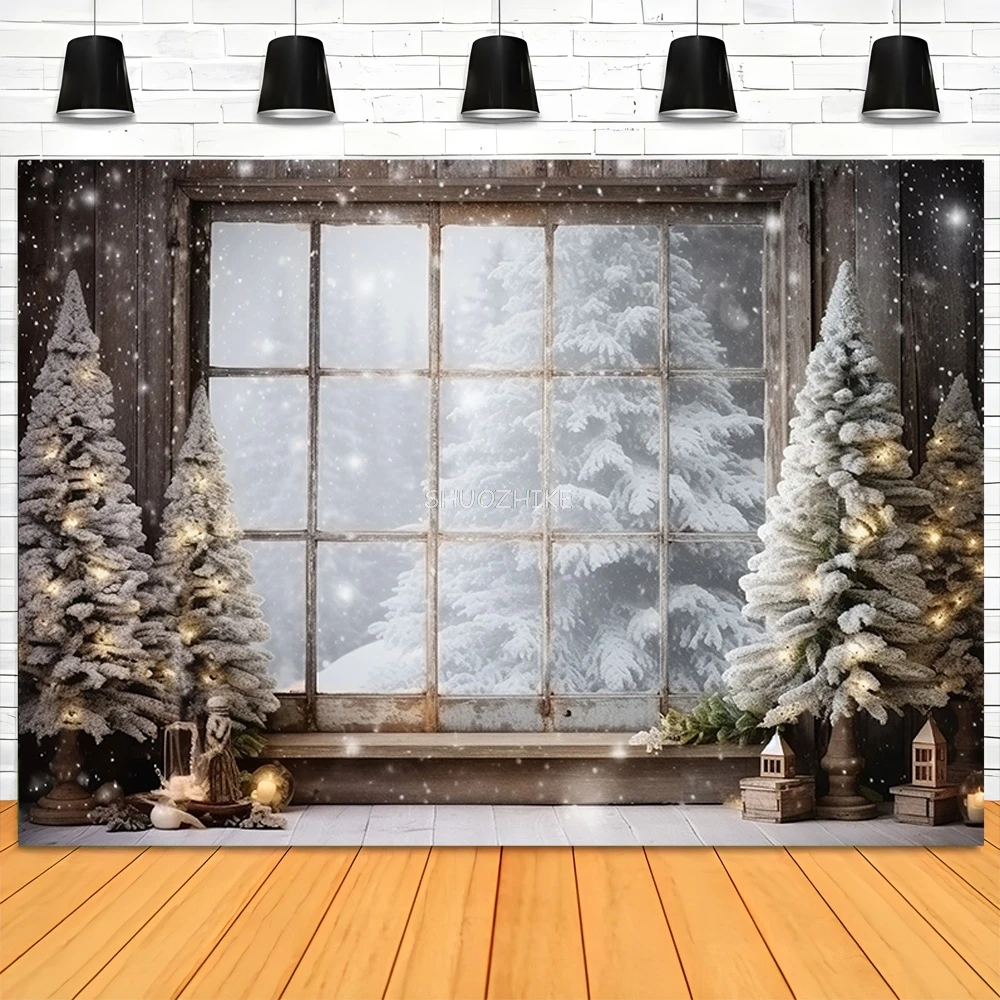 

Christmas Tree With Wooden Floor Photography Backdrops Pinecones Snow Fireplace New Year Winter Holiday Party Background DT-23