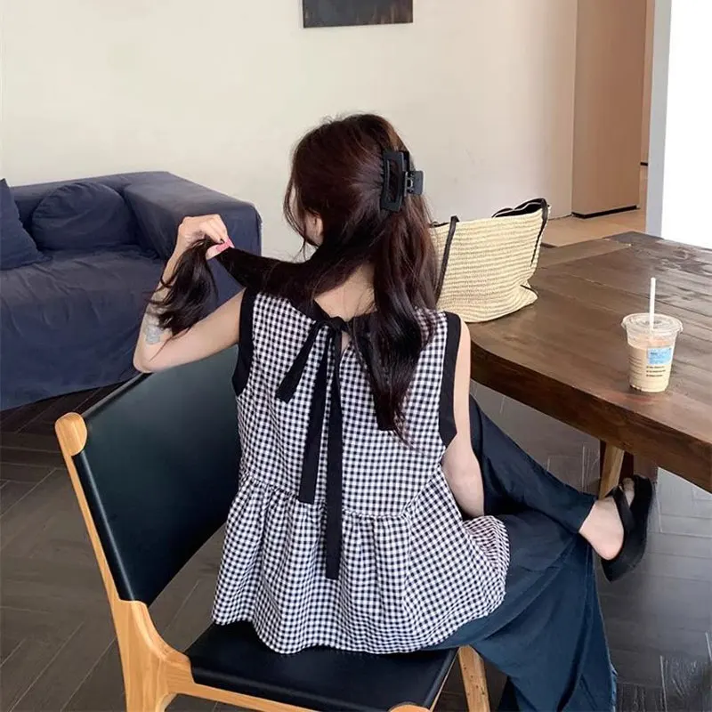 Contrasting Colors Drawstring Plaid Blouse Summer Korean Loose Women\'s Clothing Sleeveless Casual Bow All-match Round Neck Shirt