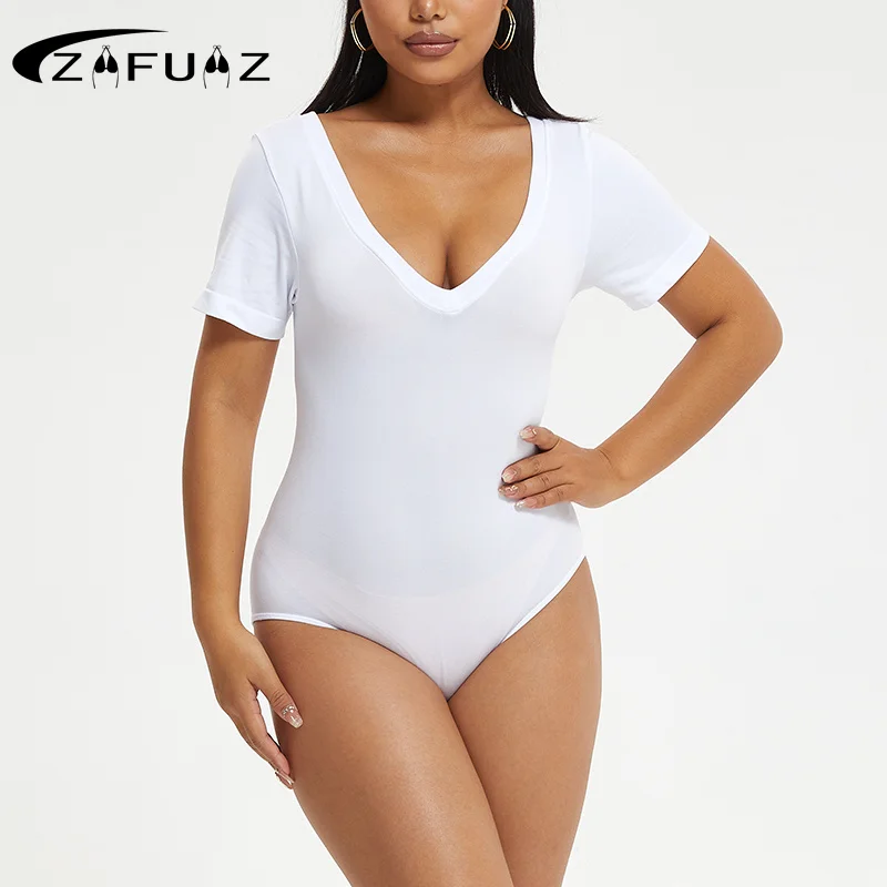 

ZAFUAZ Sexy Women's Underwear Short Sleeve Body Sliming Shaping One Piece Bodysuits Tummy Control Round Neck Thong Shape Wear