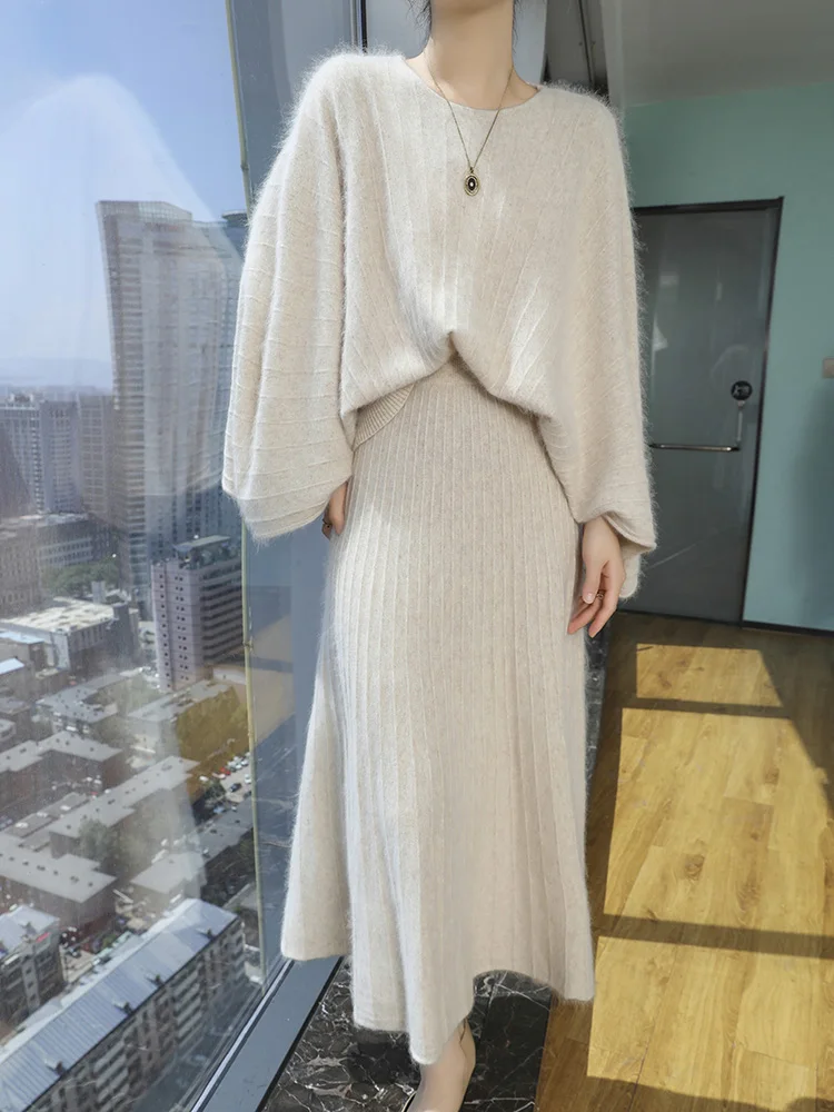 

TLOML Autumn Winter Women 100% Mink Cashmere Sweater Suit Cable Knit Pullover Pleated Skirt Grace Simple Style Cashmere Knitwear