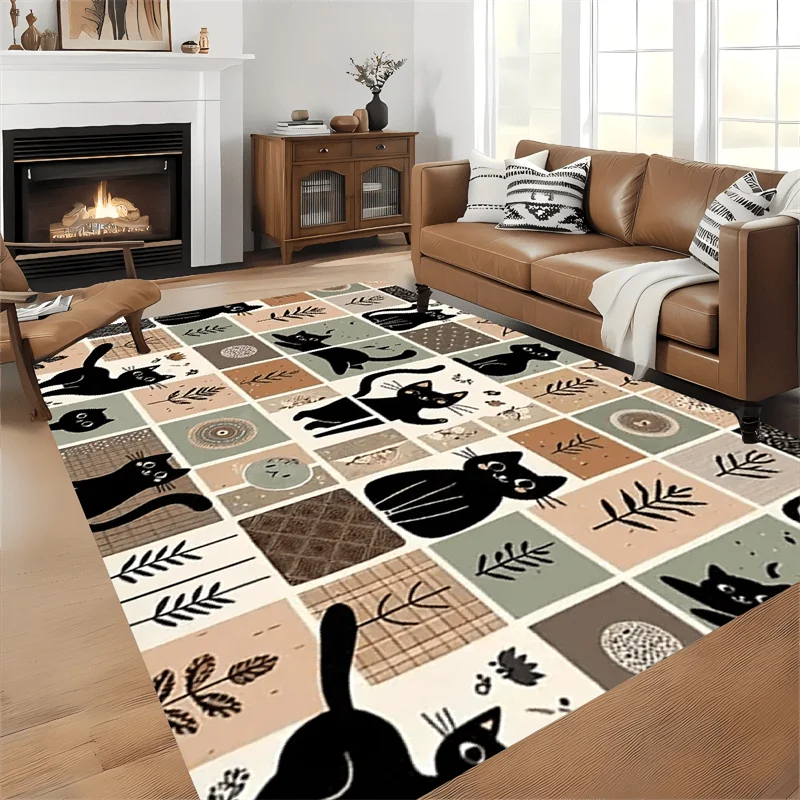 VIKAMA Cute Black Cat Checkered Patchwork Rug, Durable and Non-Slip Living Room Rug, Bedroom Bedside Rug, Home Decor