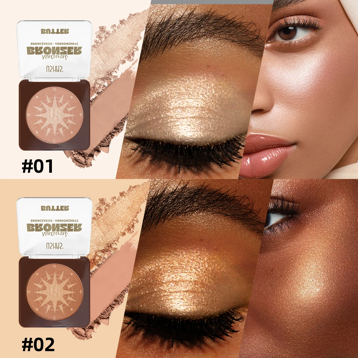 USHAS 하이라이터 파우더, 두 가지 색상, 자연스러운 광채, 고발색 및 지속력, 크림 포뮬러, 필수 아이템