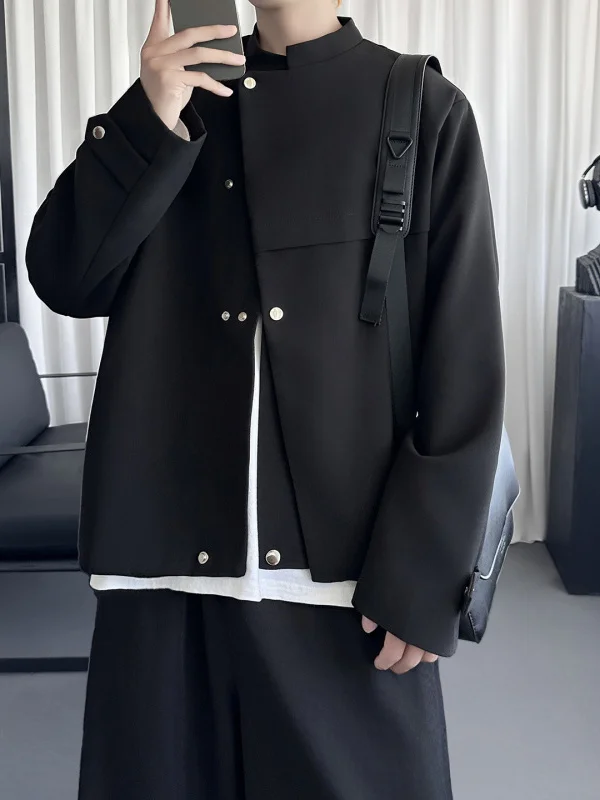 

New Chinese Sle oulder Padded Bla Men's Jaet Deconstructed Asymmetrical Design Haome Sli Youth Faion Coat