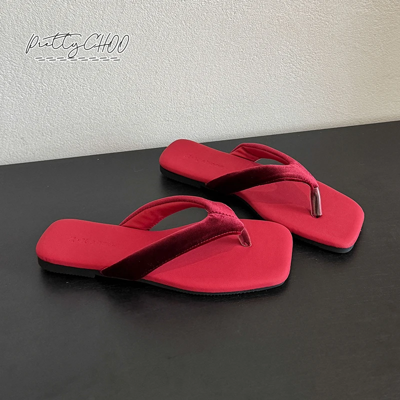 Luxury Velvet Flip Flops Woman Brand Design Red Khaki Velour Slippers Ladies Fashion Flat Thong Sandals Summer Casual Shoes