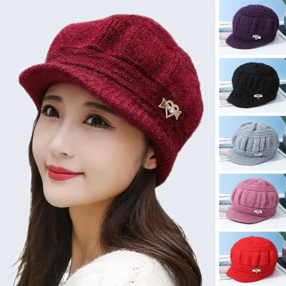 Women's Fashion Knitted Wool Hat Solid Color Windproof Cap Winter Headwear Middle Aged