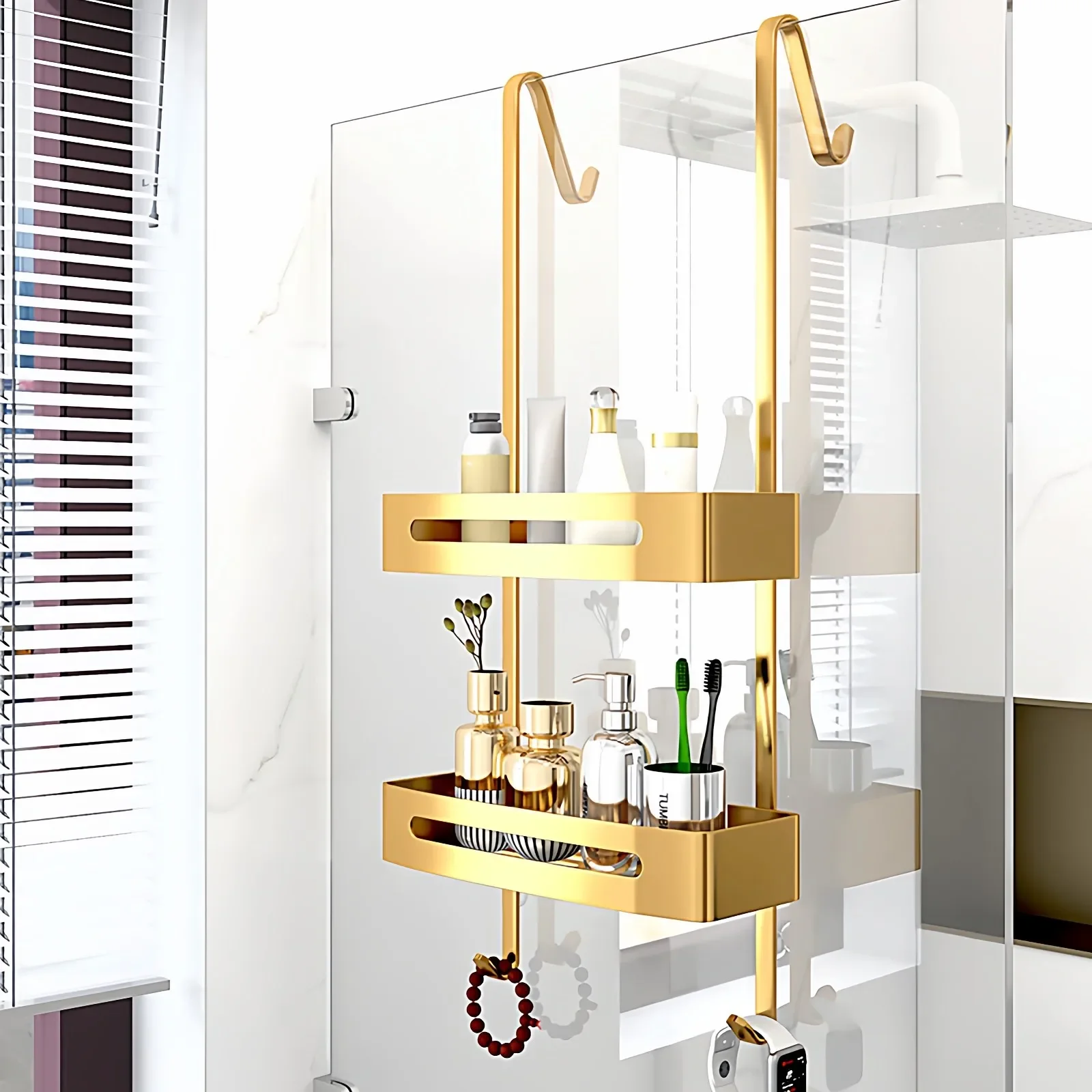 Brushed gold shower room storage rack bathroom double hanging basket bathroom toilet free toilet storage wall hanging
