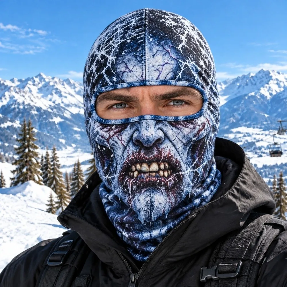 3D Printed Skull Demon Print Funny Ski Mask Breathable Eye Hole Full Coverage Ski Mask Hood Sweat Absorbent Windproof