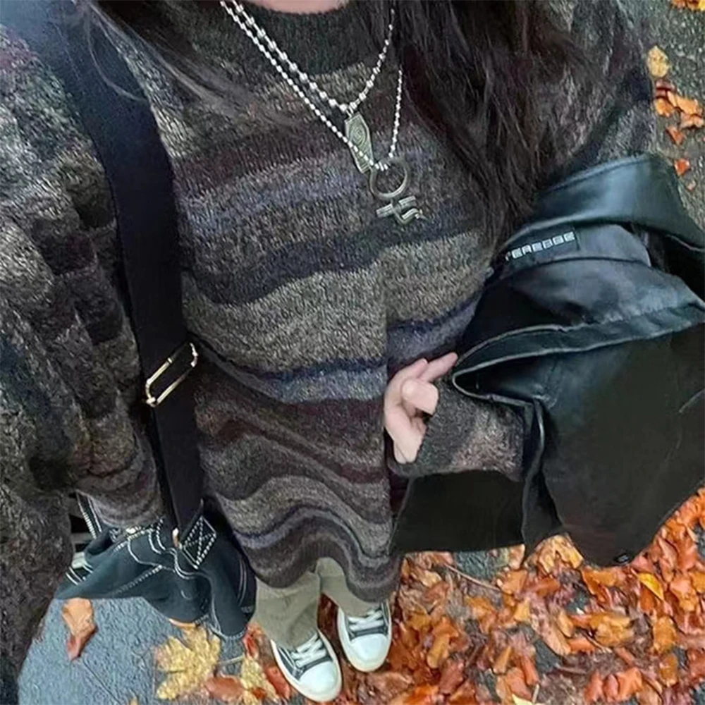 

Women's Casual Striped Long-Sleeved Sweater Independent Station European American New Style Retro Pullover Sweater