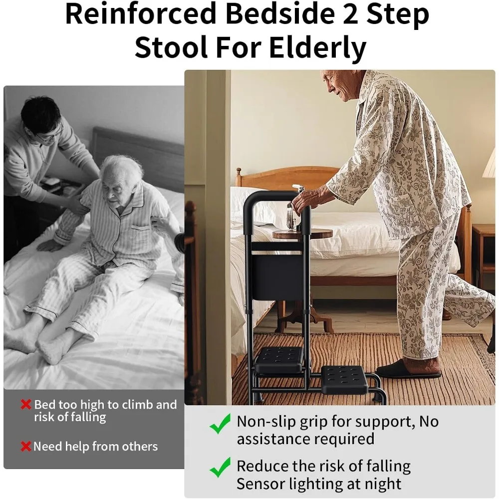 

Step Stool with Handle for Adults- Step Stools for Seniors with Adjustable Handrail, Non-for High Beds for Adults (2 Step Stool)