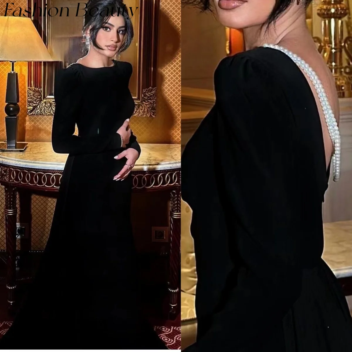 Fashion Beauty Black Evening Dresses O Neck Sexy Backless Pearls A Line Birthday Party Dress For Women 2024 vestidos de noche