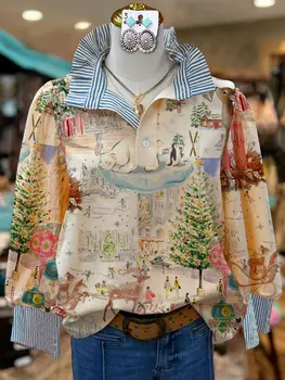 Camicetta natalizia da donna con stampa grafica a righe vintage