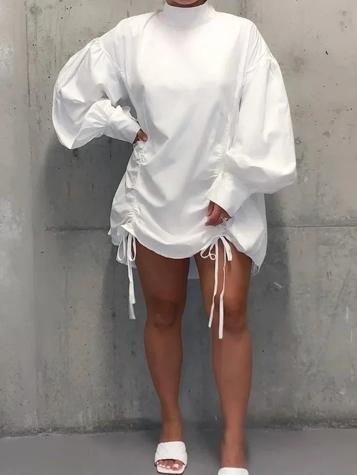 

2024 Fall Women White O-neck Puff Sleeve Drapped Mini Dress Loose Style Plus Size Dress Korean Casual Solid Short Dress Indie