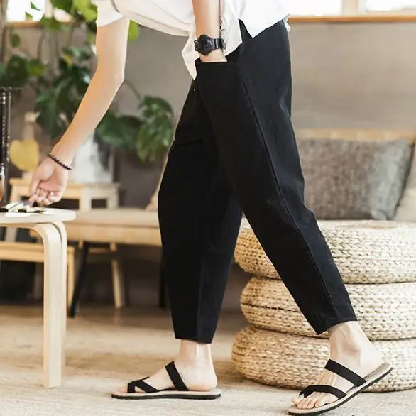 New Summer Cotton and Linen Loose Men's Casual Cropped Plus Trendy Youth Thin Versatile Wide-fitting Harem Pants