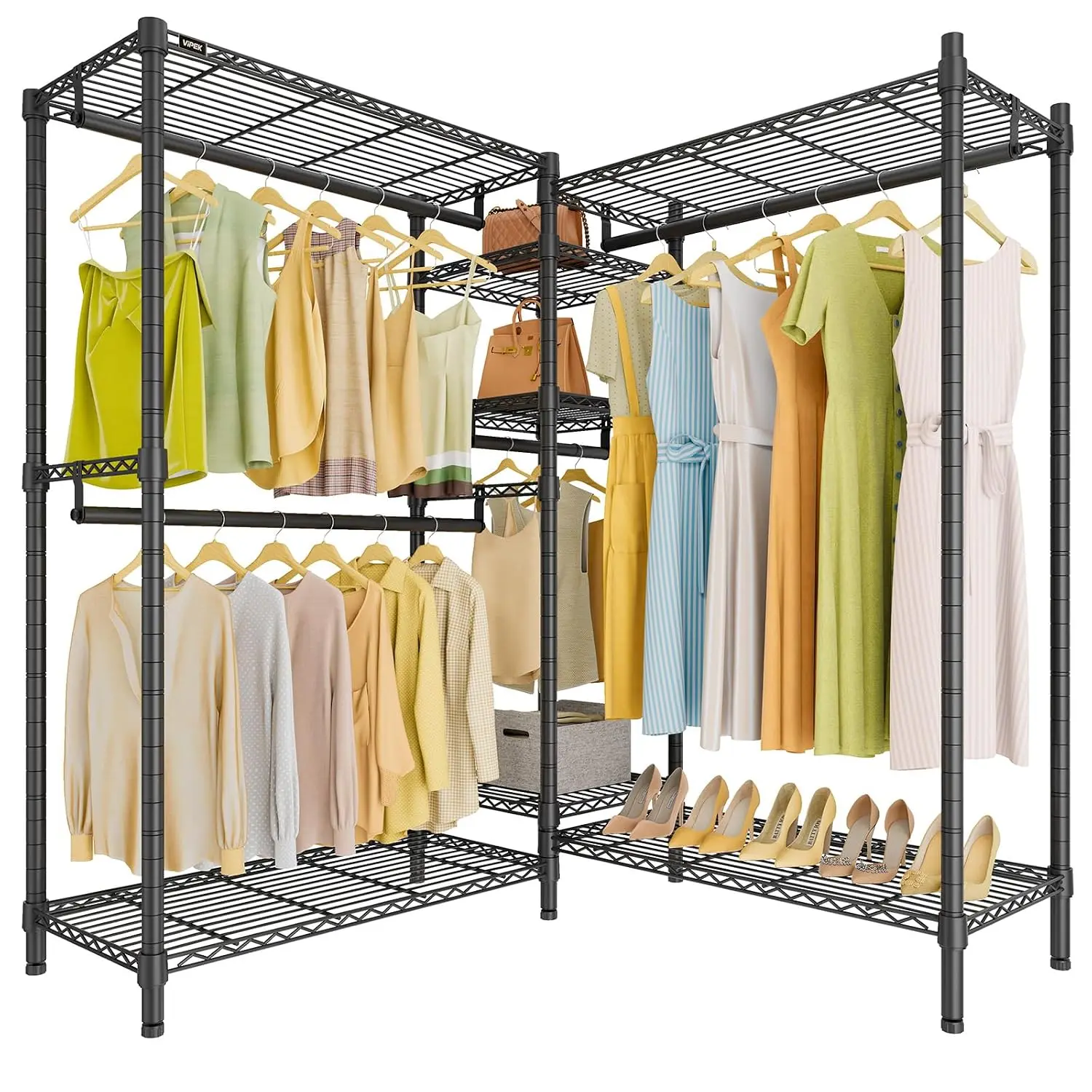 Heavy Duty Clothes Rack L Shaped Corner 5-Tier 7 Shelves Freestanding Closet 1200LBS Metal Wardrobe Hanging Clothes, Customized