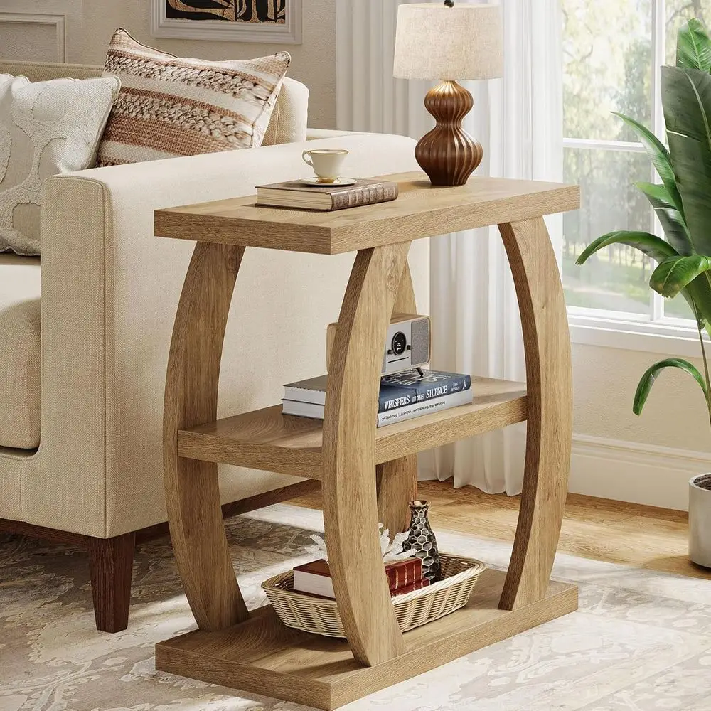 

3-Tier Narrow Side Table with Storage, Wooden Living Room End Table, Natural Oak Finish for Small Spaces