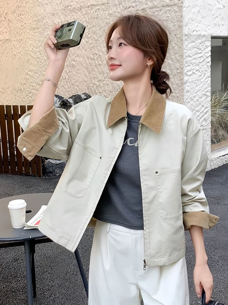 Preppy Style Women Cargo Jacket Fall Loose Vintage Casual American Short Coat Female Retro Zipper Long Sleeve Tops Outwear New
