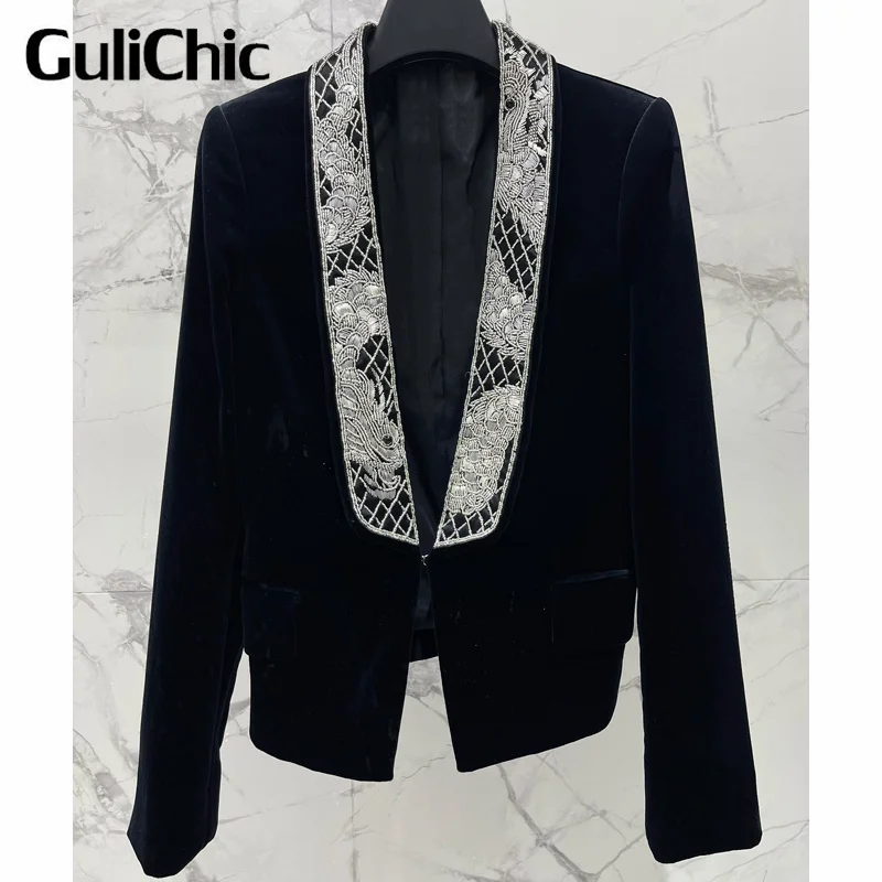 12,16 GuliChic Luxus Mode Frauen Perlen Samt Blazer Mantel Weibliche Hohe Qualität Jacke Outwear