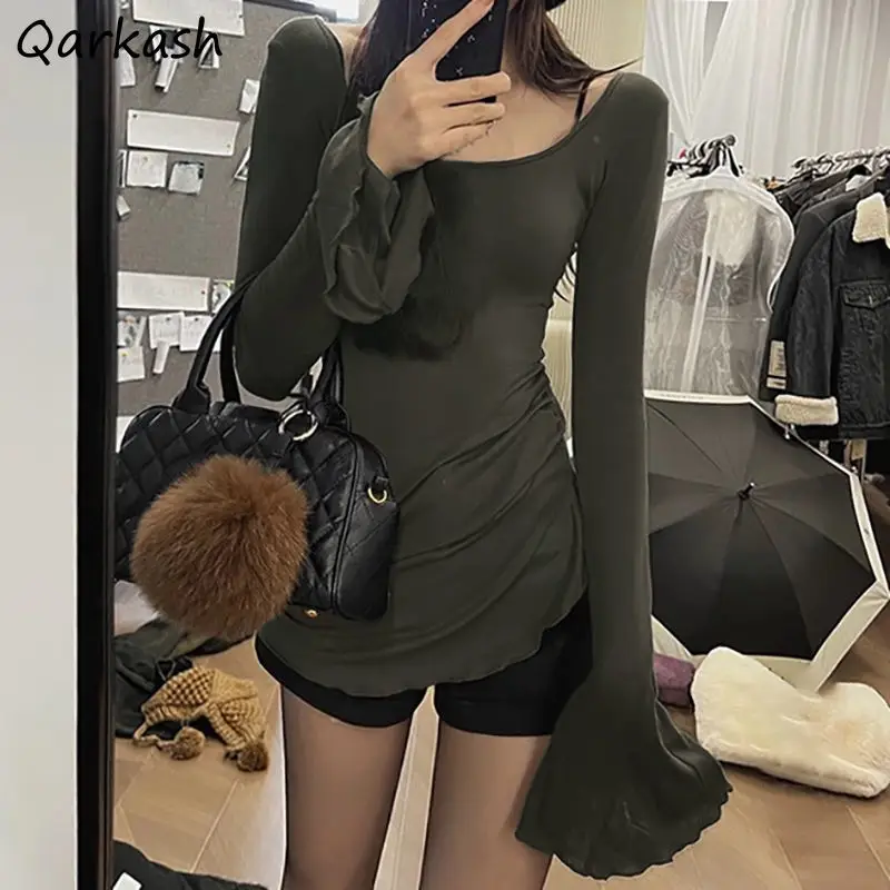 Pullovers Solid Women Spring Loose Long Flare Sleeve Square Collar Tighten The Waist Sexy Hotsweet Simple Fashion Comfortable