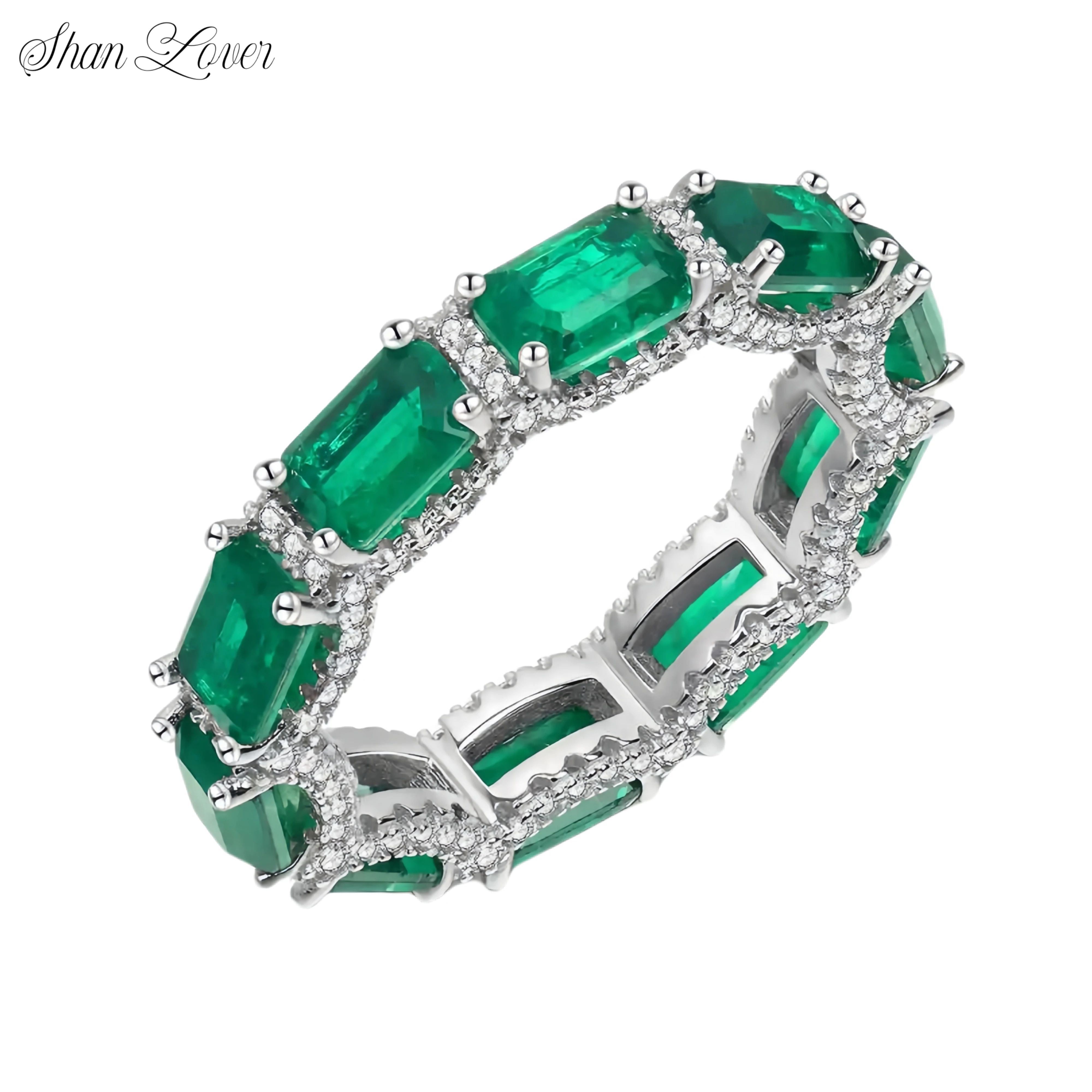 

ShanLover Brand 925 Sterling Silver Rings Jewelry Diamond Green Sugar Square Ring High End Full Diamond Gemstone Fashion Jewelry