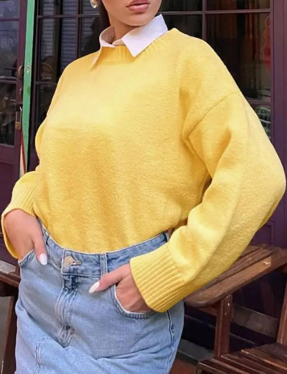 سترة محبوكة فضفاضة برقبة دائرية بلون سادة للنساء في الخريف والشتاء، سترة متماسكة عصرية وغير رسمية وبسيطة بأكمام طويلة