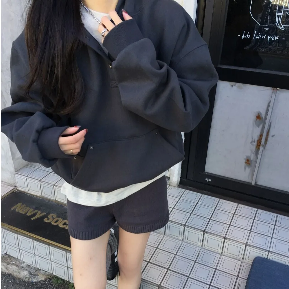 Moletom chique com capuz feminino Faion início da primavera design f botão Ne cor pura casual Fce Long Sve Top