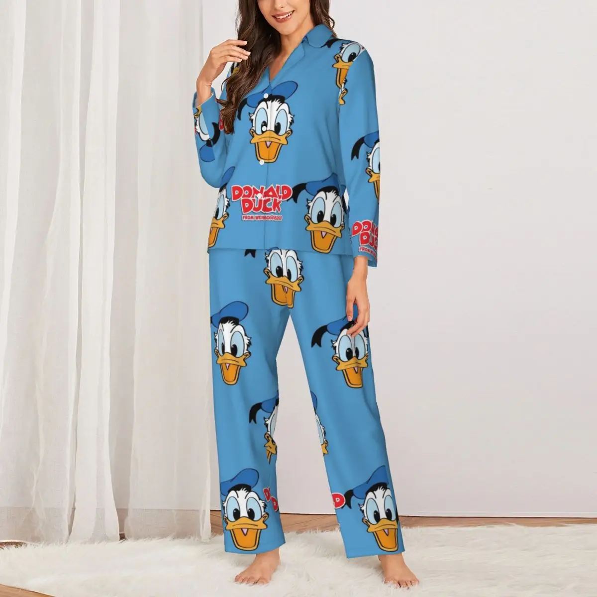 Disney Donald Duck Women\'s Pajamas Set Button Down Pajama 2 Piece Suit Pyjama Femme Nightwear Loungewear